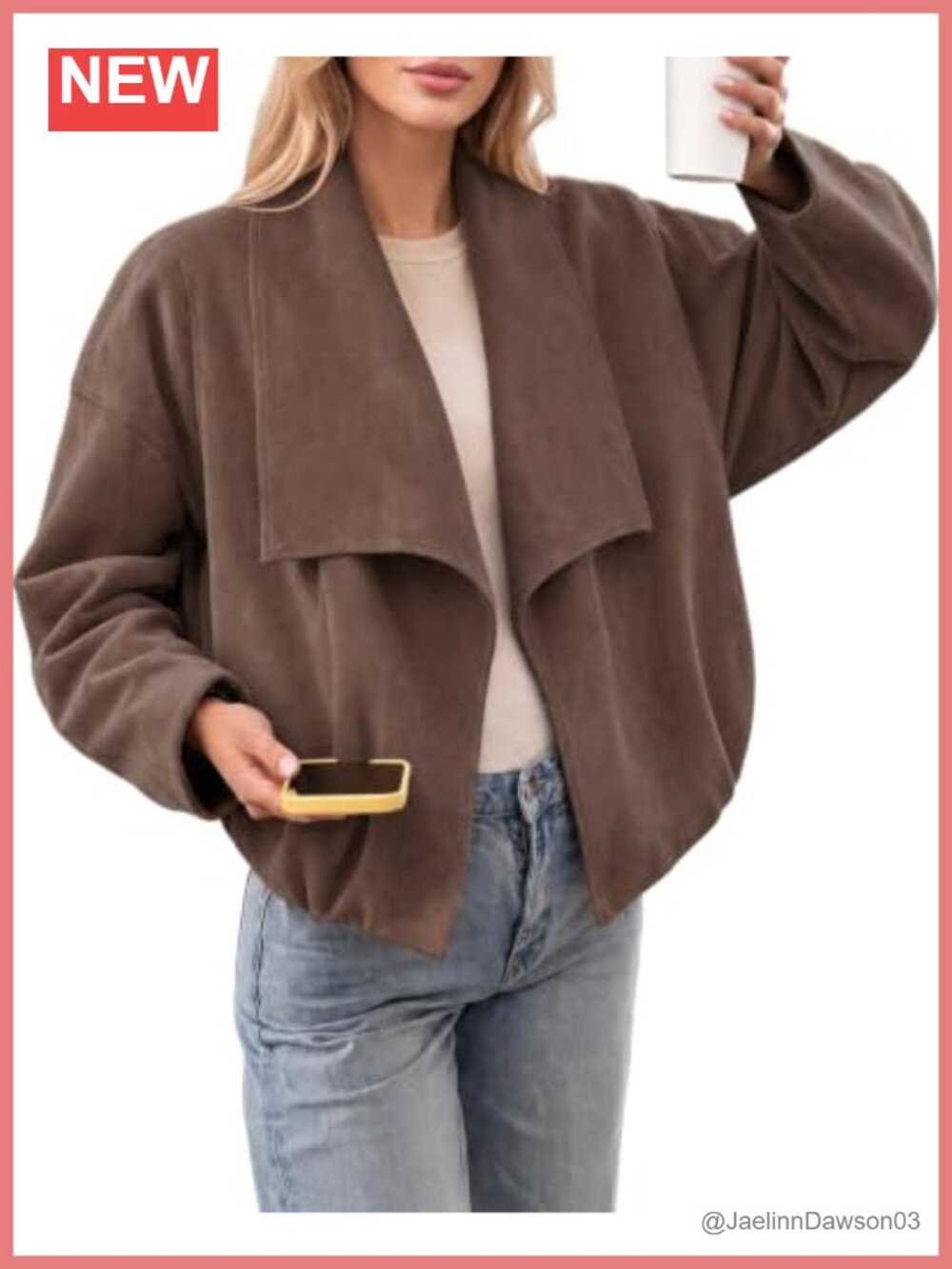 Open Front Faux Suede Cropped Oversized Lapel Jacket
